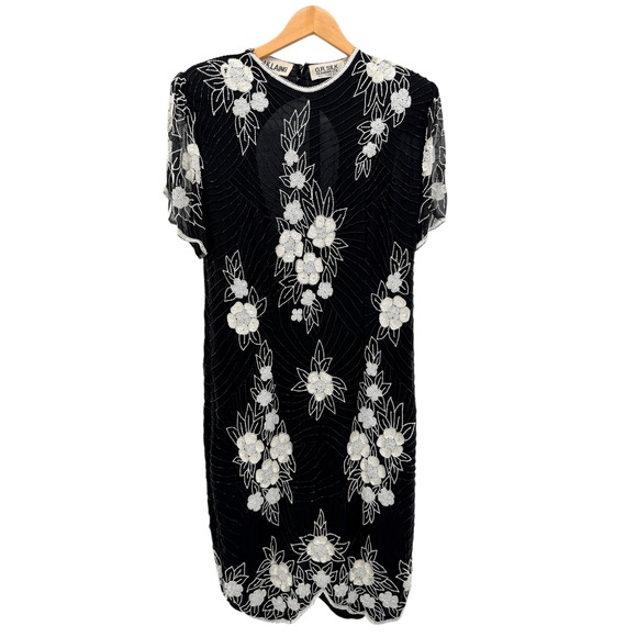 J.K. Laing Dresses & Skirts - J.K.‎ Laing Vintage Silk Beaded Floral Shift Dress Black White XL Keyhole Back